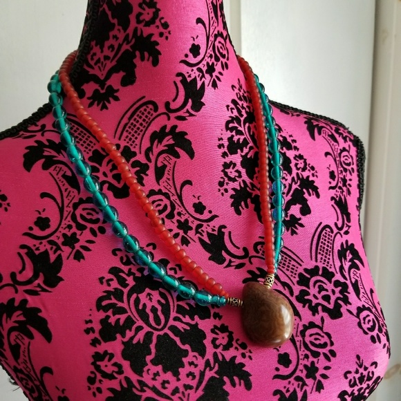 Relisted - Boho Nut Bead necklace teal orange statement - Picture 2 of 8